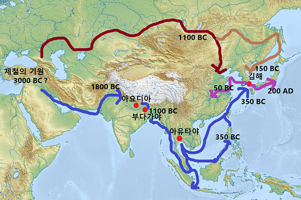 아시아에서의 제철 확산 경로. /Wikimedia Commons 유라시아 지도 위에 이진아가 표시