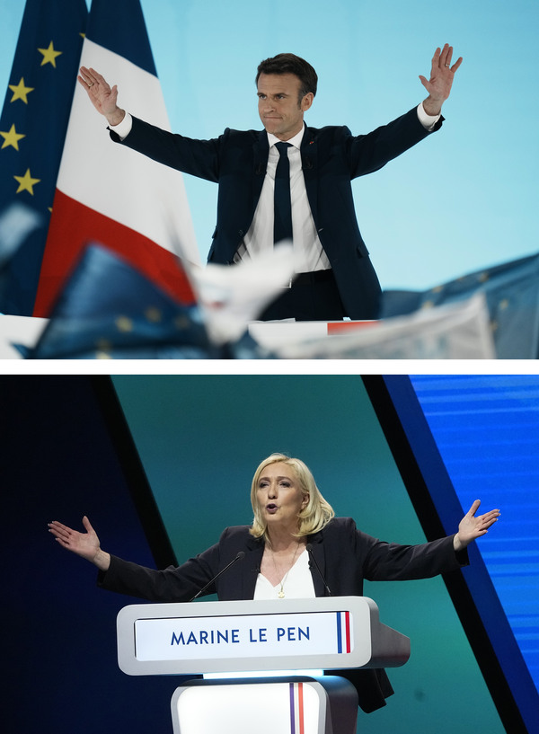프랑스 대통령선거 결선에 진출한 에마뉘엘 마크롱(위) 대통령과 마린 르펜(아래) 국민연합(RN) 후보, 두 사람은 지난 10일(현지시간) 1차 투표에서 1·2위(각각 27.6%, 23.4% 득표율)를 차지해 24일 결선에서 맞붙게 됐다. /AP=연합