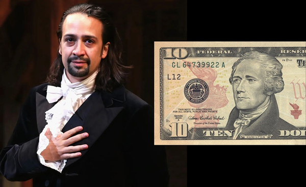 디즈니+ 뮤지컬 ‘해밀턴’에서 알렉산더 해밀턴을 연기했던 린-마누엘 미란다(왼쪽)와 실제 10달러 지폐의 해밀턴 초상.