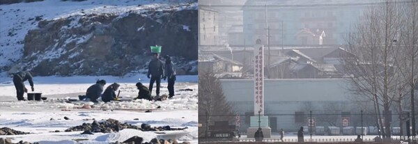 영하 25의 날씨에 얼음이 언 강에서 빨래하고 물을 떠가는 북한 주민(왼쪽)과 북한 공장 안에 세워진 영생탑을 찍은 사진. /강동완 교수 강연 영상 캡쳐