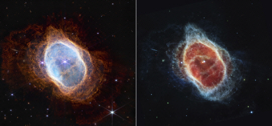 ‘남쪽 고리 성운’의 모습. 왼쪽은 근적외선 카메라(NIRCam), 오른쪽은 중적외선 기기(MIRI)를 이용해 촬영. /NASA