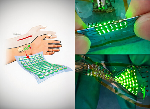 삼성전자 종합기술원이 지난해 6월 개발한 스트레처블 OLED 기반 전자 피부. 손목 움직임에 따른 피부의 최대 변형도인 30%까지 특성 저하가 없으며 1000회 스트레칭을 반복한 후에도 안정적으로 구동됐다. /삼성전자