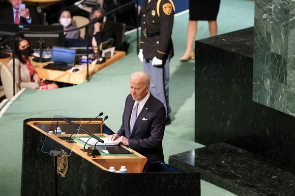 조 바이든 미국 대통령이 21일(현지시간) 뉴욕 유엔본부에서 열린 제77차 총회장에서 연설하고 있다. /로이터=연합