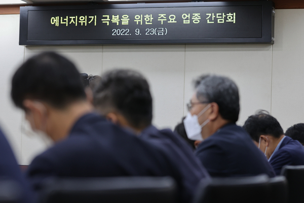 지난 23일 서울 영등포구 한국전력공사 남서울본부에서 에너지 위기 극복을 위한 주요 업종 간담회가 열리고 있는 모습. /연합