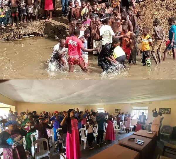 이번 음발레 성회를 통해 신자가 된 사람들이 강가에서 세례를 받는 모습(위)과 생겨난 교회에서 첫 예배를 드리는 모습(아래). /사랑하는교회