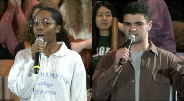 지난달 23일(현지시각) 미국 애즈베리 대학교에서 열린 16일간의 부흥 집회 마지막 날에 간증을 전한 학생들인 니나(왼쪽)와 A.J. /애즈베리대