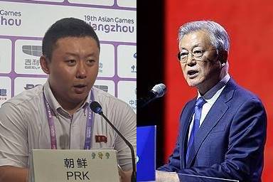 ‘북한’이 아닌 ‘조선민주주의공화국’으로 국호를 제대로 부르지 않으면 인터뷰에 응하지 않겠다고 한 북한 여자축구대표팀 리유일 감독(왼쪽)과 방북 당시 자신을 ‘남쪽 대통령’이라고 소개한 문재인 전 대한민국 대통령. /연합