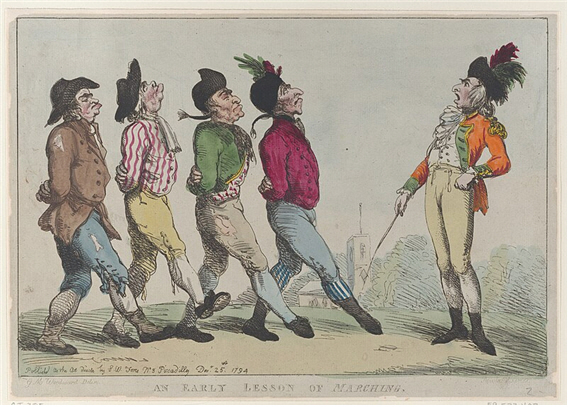 지구인은 두 발로 걷는 동물이다. 토마스 로랜드슨(Thomas Rowlandson, 1757-1827)의 "행진 훈련(An Early Lesson of Marching)." 1794년 작.