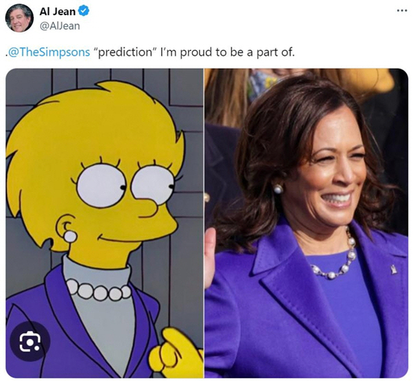 2000년 방영된 ‘심슨 가족’의 한 장면과 카멀라 해리스 부통령의 모습 비교 이미지 [작가 앨 진의 엑스(X) 게시물 캡처. /연합