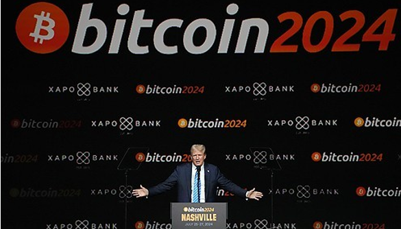 미국 공화당 대선 후보인 도널드 트럼프 전 대통령이 27일(현지시간) 테네시주 내슈빌에서 열린 ‘비트코인 2024 콘퍼런스’에서 발언하고 있다. /AP=연합