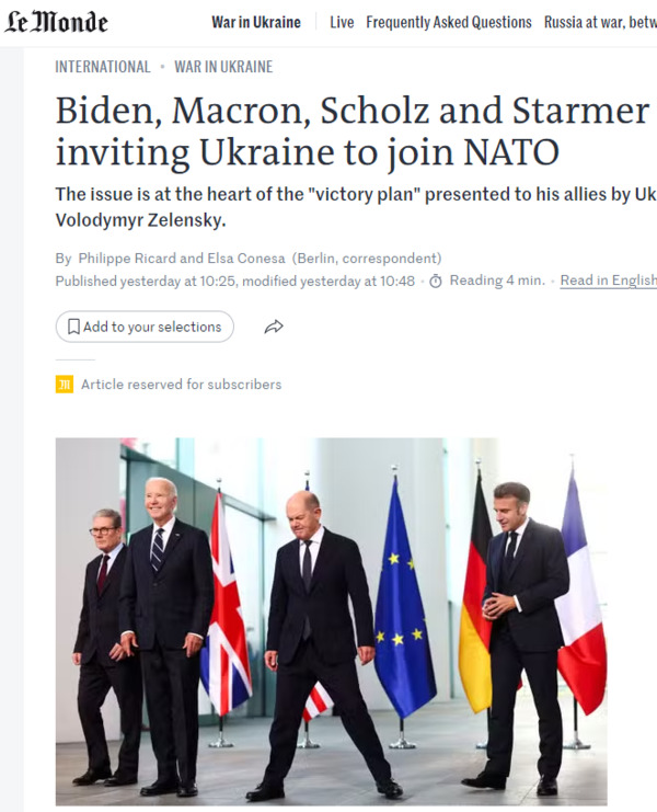 지난 18일 베를린에서 올라프 숄츠 독일 총리, 조 바이든 미국 대통령, 키어 스타머 영국 총리, 에마뉘엘 마크롱 프랑스 대통령. 로이터= 르몽드 화면 캡처