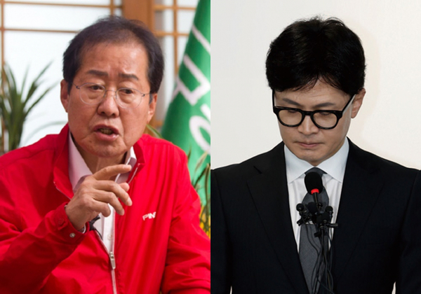 홍준표 대구시장과 한동훈 국민의힘 대표. 홍 시장은 검찰에서도 정치권에서도 한 대표에 비해 한참 선배다. 또한 여당 대표로 오래 전에 해본 적이 있다. /연합