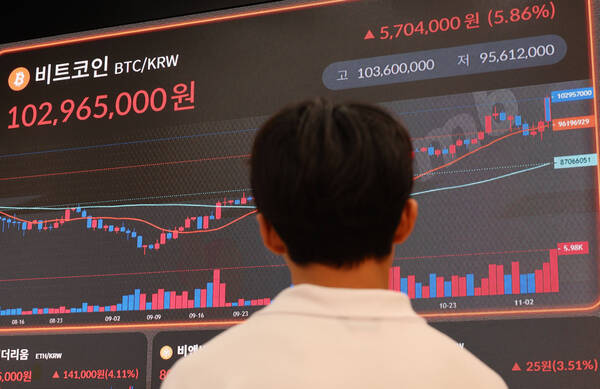 6일 오후 한 투자자가 서울 서초구 빗썸라운지 강남점에서 비트코인 실시간 거래 가격 현황판을 지켜보고 있다. /연합