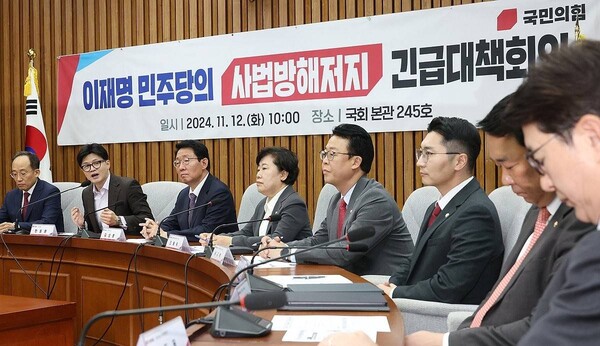 국민의힘 한동훈 대표가 12일 국회에서 열린 '이재명 민주당의 사법방해저지 긴급대책회의'에서 발언을 하고 있다. /연합