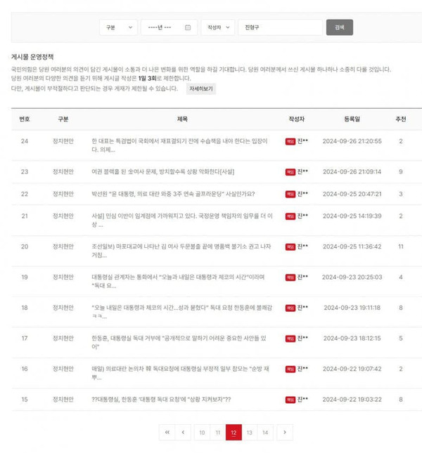 최근 국민의힘 당원게시판에 한동훈 대표와 그 가족 이름으로 윤 대통령 부부를 비방하는 글이 수백 개 올라와 있다는 주장이 제기돼 논란이 일고 있다. /장예찬 전 최고위원 페이스북 공개사진