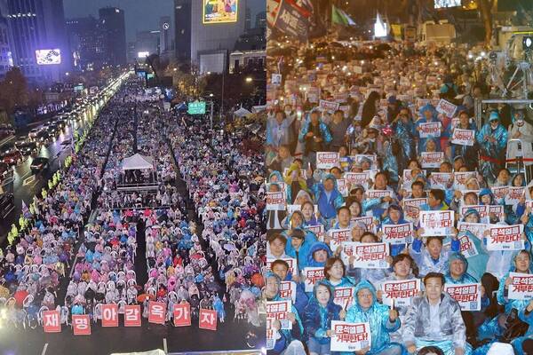 야권이 지난 16일 오후 서울 광화문 광장 일대에서 윤석열 정권 탄핵 촛불 집회를 열어 6만 명(오른쪽)이 모였지만 맞불을 놓은 광화문 30만 명의 애국운동 세력의 기세에 눌렸다. /주최 측·뉴스1