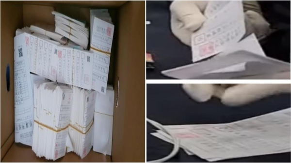 2020년 4월 20대 총선 당시 촬영된 영상들. 빳빳한 신권 지폐 다발과 같은 투표용지, 선관위 직원이 하나씩 떼어 내는 투표용지, 접착제 같은 것으로 붙어 있는 투표 용지가 포착됐다. /부정선거 관련 영상 캡처