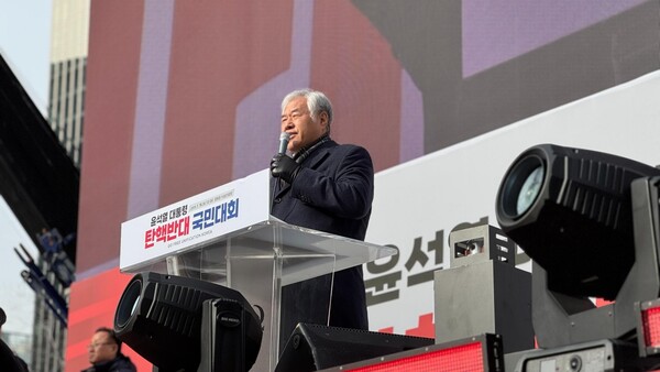 전광훈 국민혁명의장은 18일 광화문 국민혁명대회에서 "국민저항권의 완성"을 선포했다. /대국본