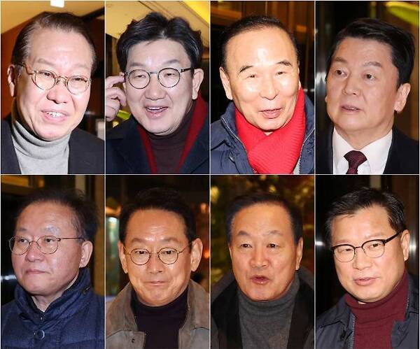 지난 9일 권영세 당 비상대책위원장 요청으로 열린 4선 이상 중진의원 비공개 만찬에 참석한 국민의힘 의원들. 16명의 의원이 비공개 만찬에 참석했다고 한다. /연합