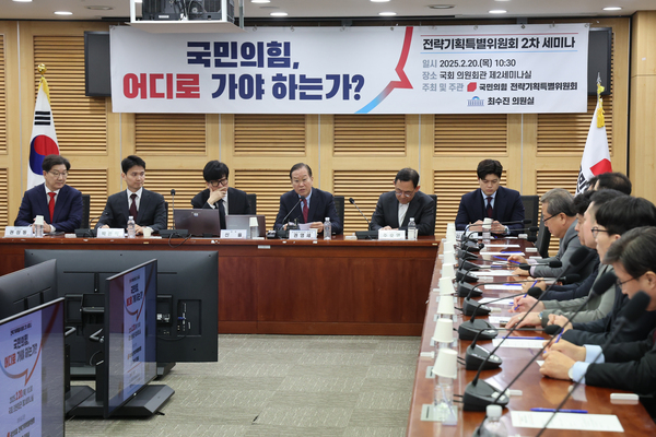 국민의힘 권영세 비상대책위원장이 20일 서울 여의도 국회 의원회관에서 ‘국민의힘, 어디로 가야 하는가?’를 주제로 열린 전략기획특위 2차 세미나에서 발언하고 있다. /연합