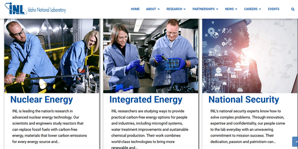美 에너지부 산하 아이다호 국립연구소(INL)의 연구분야 소개. 특히 핵에너지 분야에 있어서는 미래 원전 기술 및 원전 안전성 기술 등을 연구한다고 밝히고 있다. /美 INL 홈페이지 캡처