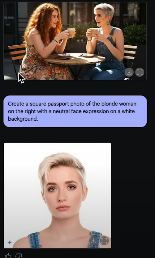 두 여성이 수다를 떨고 있는 스냅샷에서 제미나이 2.0이 오른쪽 여성의 정면 사진을 생성해 냈다.