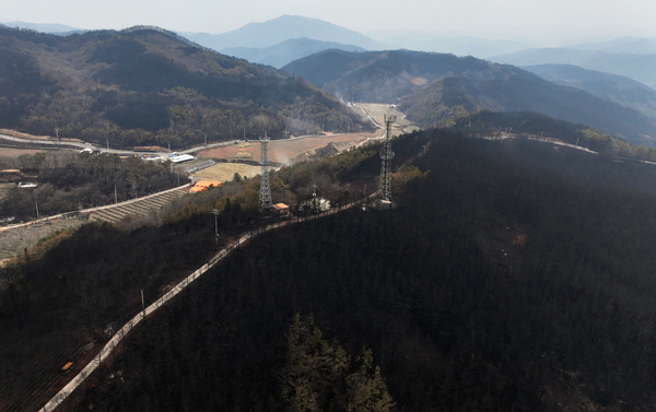 산림청이 28일 오전 5시 기준 경북 청송군 지역 산불 진화율이 89%라고 밝힌 가운데 청송군 파천면 신기리 일대 야산이 불에 타 그을려 있다. /연합