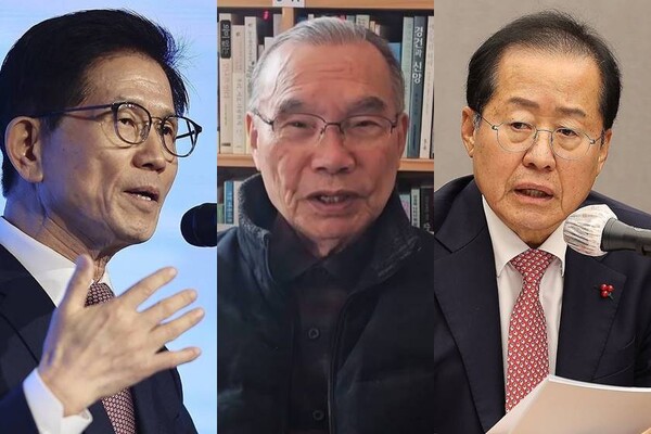 '12·3 계엄' 정국 이후 전광훈 목사에 대해 긍정적인 평가를 내놓은 (왼쪽부터) 김문수 고용노동부 장관, 김진홍 목사, 홍준표 대구시장. /연합·유튜브 영상 캡처