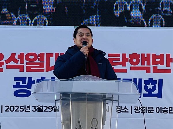 29일 ‘윤석열 대통령 탄핵반대 광화문 국민대회’에서 국민의힘 박대출 의원이 연설을 하고 있다. /대국본