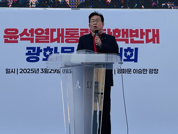 29일 ‘윤석열 대통령 탄핵반대 광화문 국민대회’에서 대통령 대변인단 석동현 변호사가 연설을 하고 있다. /대국본