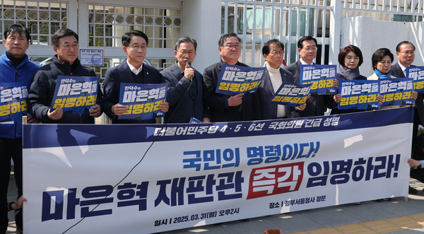 더불어민주당 4선 이상 의원들이 31일 정부서울청사 앞에서 마은혁 재판관 임명 촉구 긴급 성명을 발표하고 있다. /연합