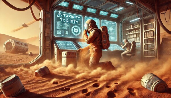 화성의 먼지에 다양한 독성 물질이 포함돼 있어 미량이라도 장기간 흡입하면 암, 규폐증, 재생불량성 빈혈, 면역체계 약화 등 우주인들의 건강을 심각하게 위협할 수 있는 것으로 나타났다. /DALL-E 생성 이미지