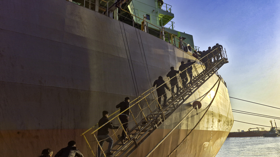 강릉시 옥계항에 정박 중인 노르웨이 선적 벌크 화물선 A 호에 동해해경과 서울세관 단속요원들이 오르고 있다. 단속요원들은 이 배에서 코카인 2톤을 찾아냈다. /관세청