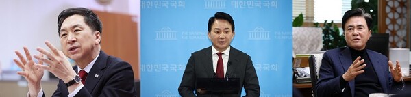 김기현 국민의힘 의원(좌)과 원희룡 전 국토교통부 장관(가운데), 김태흠 충남도지사가 불출마를 선언했다. /연합