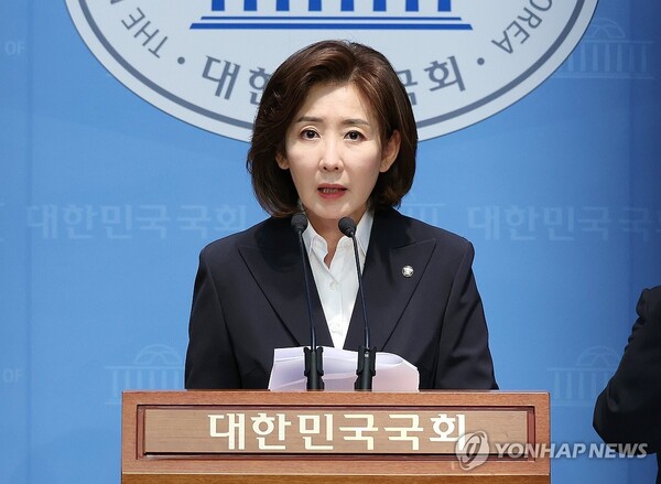 국민의힘 나경원 의원이 지난달 27일 서울 여의도 국회 소통관에서 기자회견을 열고 '서해수호기념관 건립법'을 대표 발의한다고 밝히고 있다. /연합