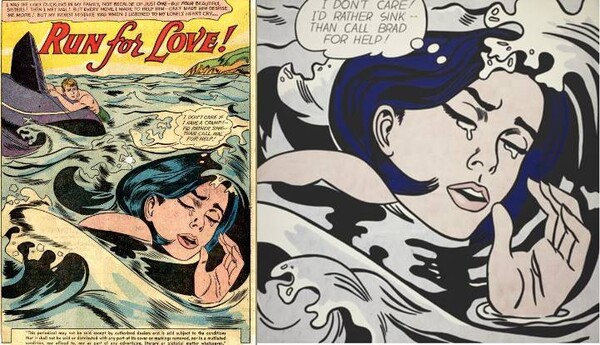 '익사하는 여자'(오른쪽)는 만화 '사랑의 도주'(왼쪽) 일부분을 확대해 그린 것이다.