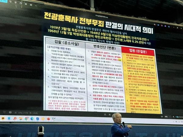 전 목사는 이날 자신의 ‘전부무죄 판결’ 관련 내용에 대해서도 상세하게 설명했다. /신지훈 기자
