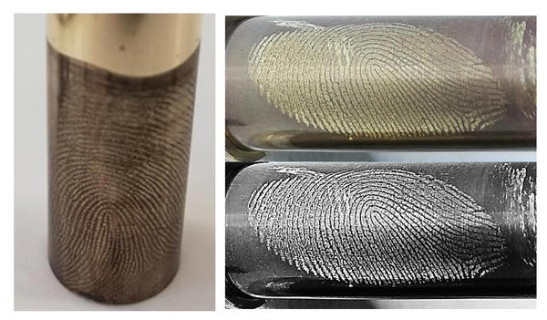 연구팀이 전기화학적 기법으로 전도성 고분자 물질을 탄피에 증착시켜 복원한 지문. 이 기법은 지문의 능선은 물론 땀구멍까지 확인되는 지문 인식 최고 등급(레벨3)의 선명도를 자랑한다. /메이누스대학